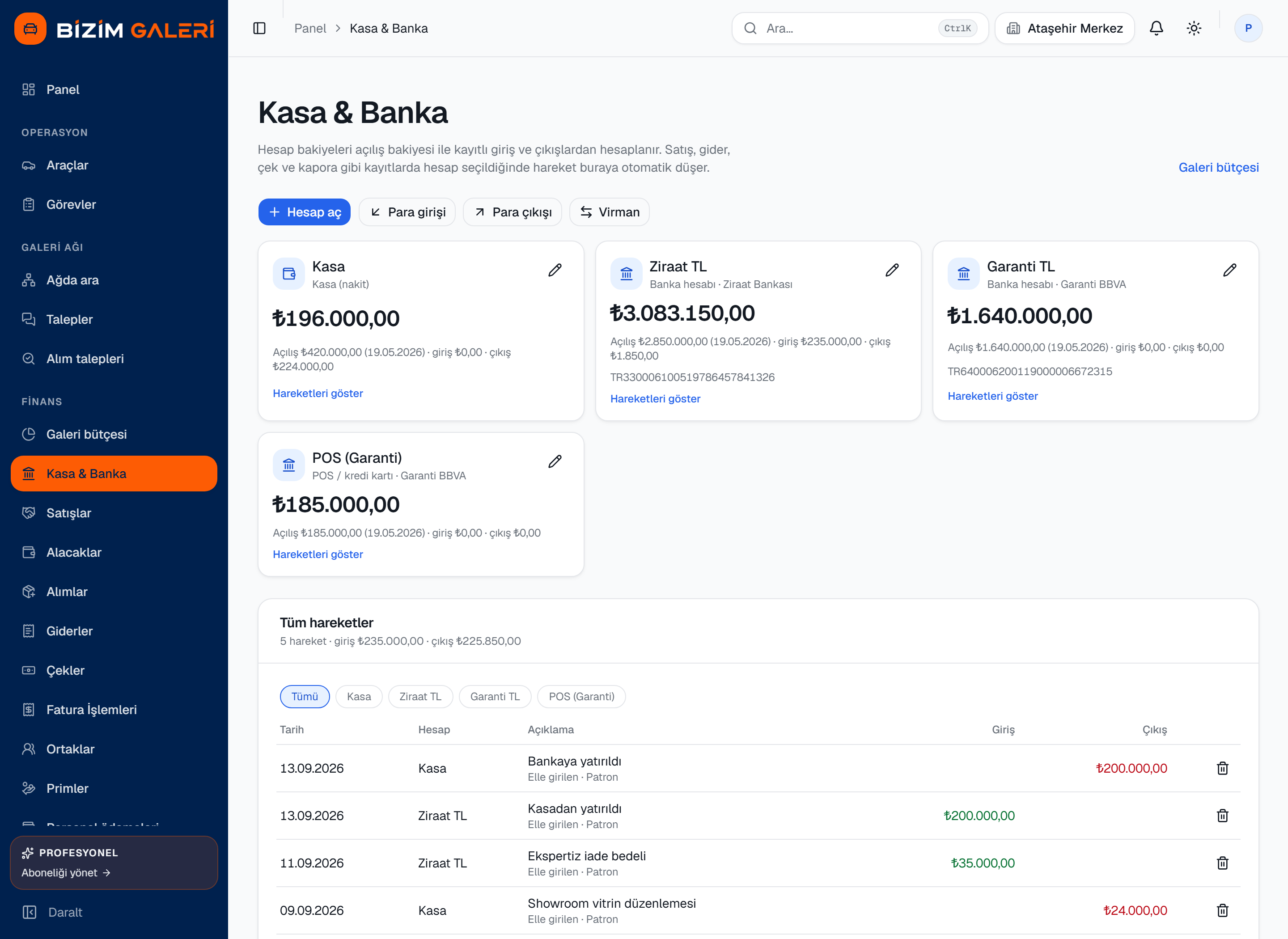 Kasa ve banka yönetimi ekranı